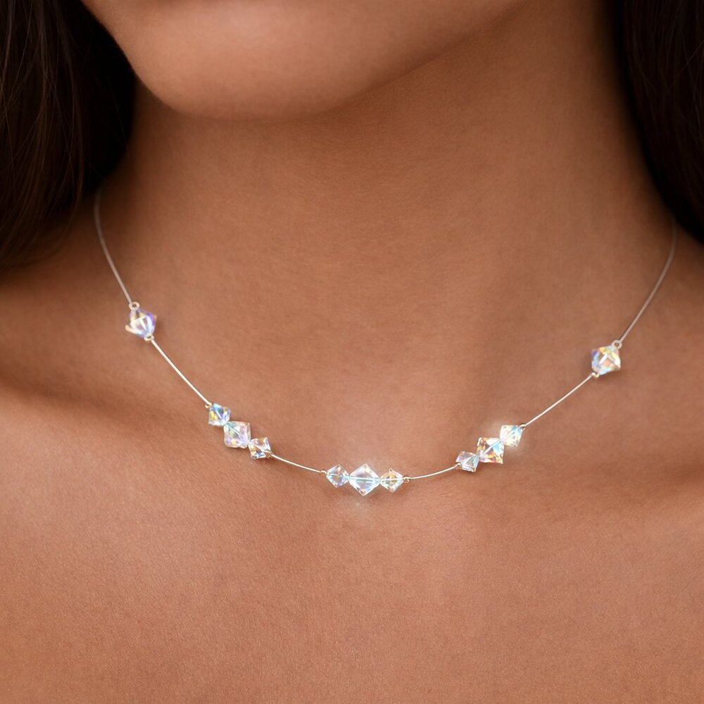 Vintage Aurora Borealis Faceted Crystal Silver Y2K Necklace Cocktail Jewelry